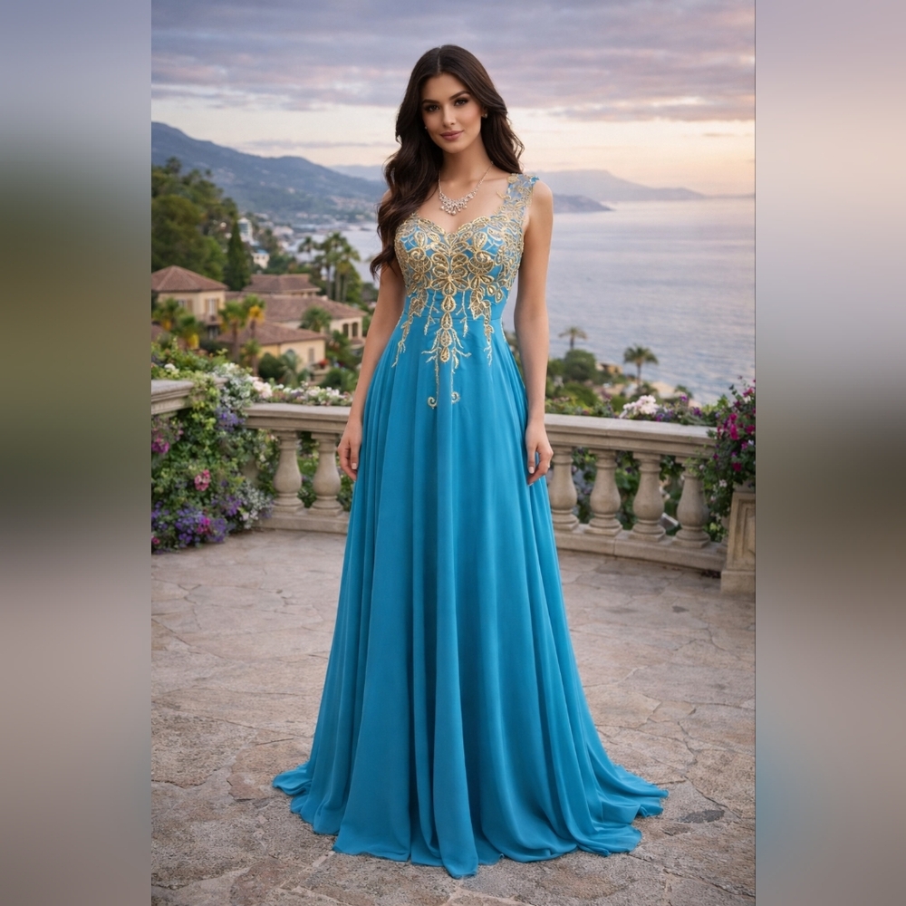 Elegant Blue Evening Gown with Gold Embroidery